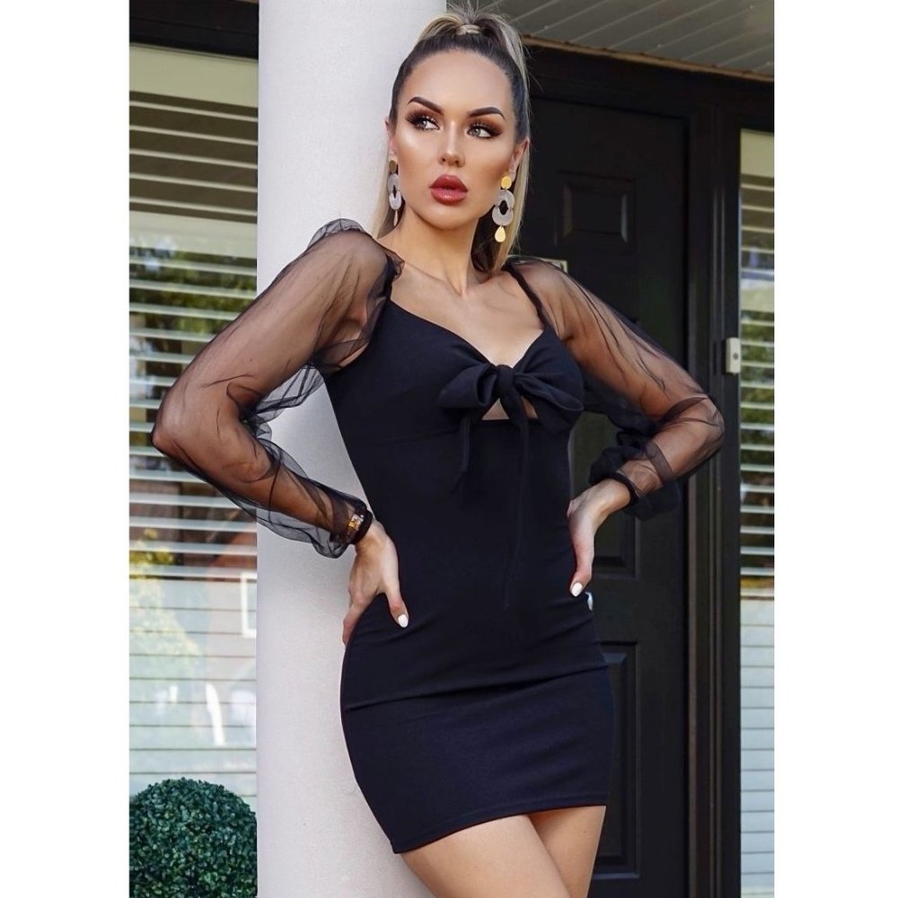 Black Long Sheer Sleeve V-Neck Bodycon Mini Dress - Picture 2 of 7